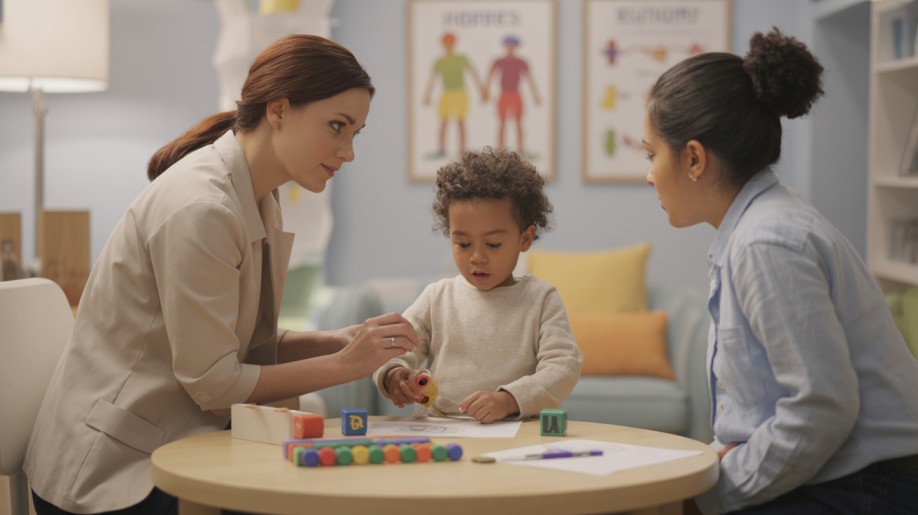 Child receiving behavioral therapy as part of ADHD in children treatment, supporting emotional regulation and focus in a calm clinical setting