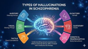 Types of hallucinations in schizophrenia including auditory and visual hallucinations