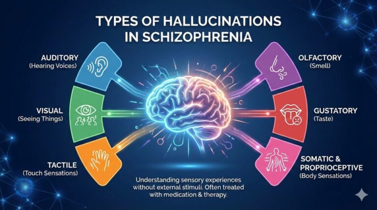 Types of hallucinations in schizophrenia including auditory and visual hallucinations